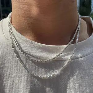 2Pcs 3mm Chain Necklace for Men SummerVibes Silver Layered Cuban Link Rope Necklaces Set Simple Jewelry Gift 18-28 Inches Present Jewelry