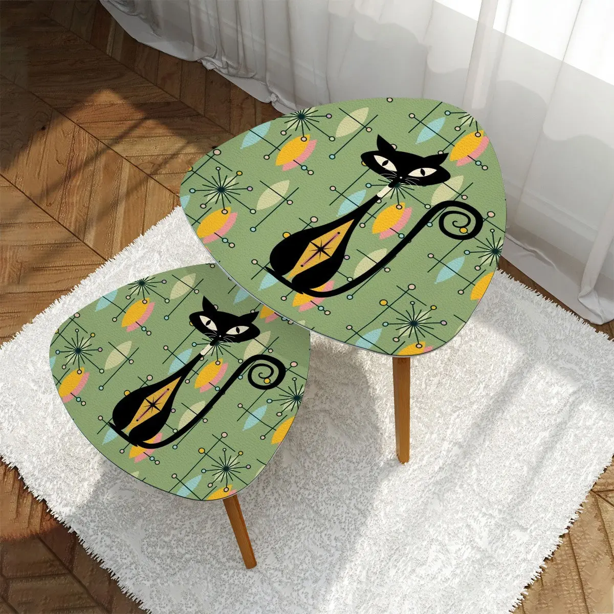 Atomic Cat Mid Century Modern Green Starburst Kitschy Modern Nesting Tables