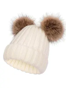 Unisex Winter Hat, Warm Knitted Cap with Fox Fur Ball Design, Cold Weather Headwear for Couples, No Inner Lining, Knit Hats