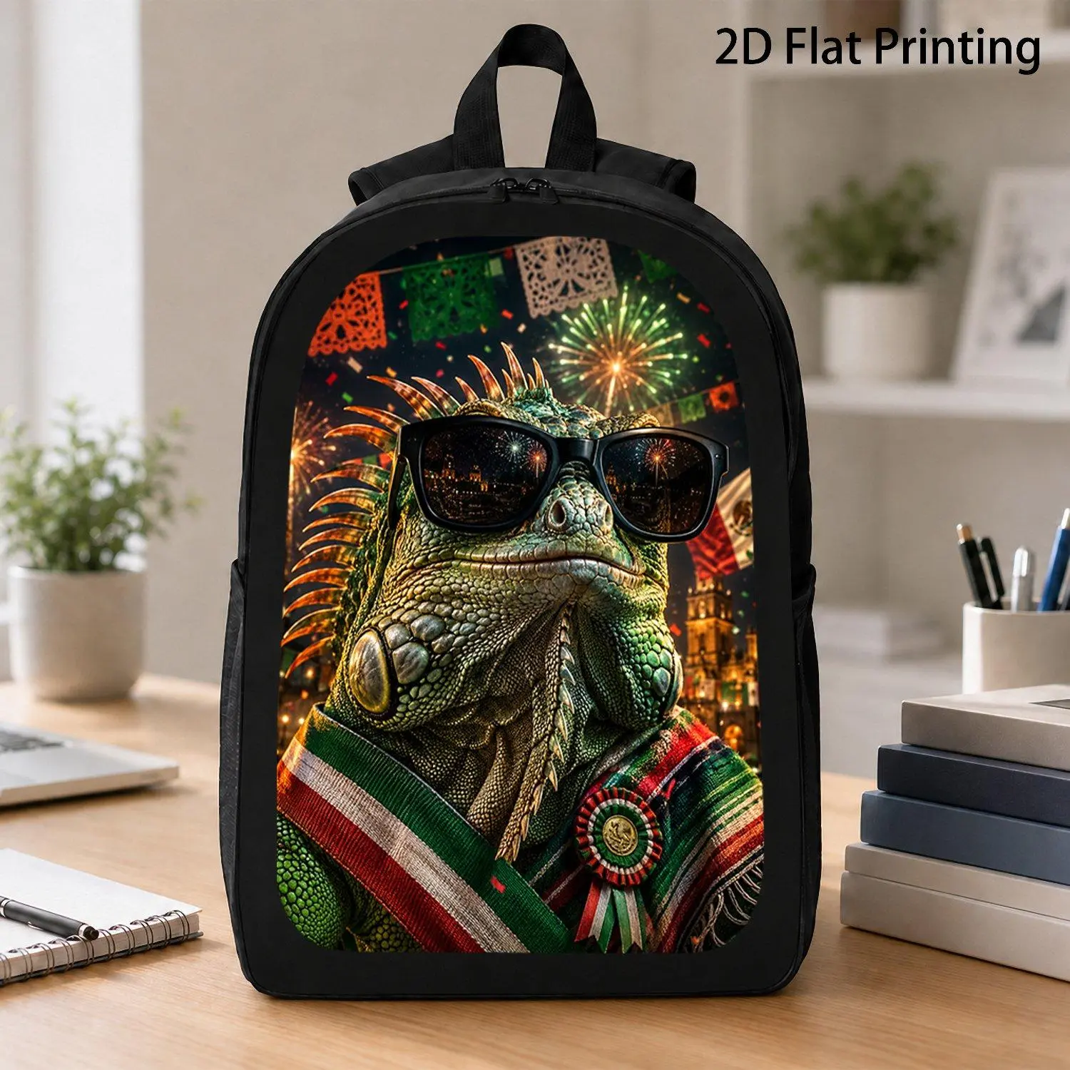 [17 Inch Backpack] 1pc Cool Green Iguana Lizard Mexican Holiday Sunglasses Backpack Popular Fiesta Firework Flag Confetti Printed School Travel Backpack