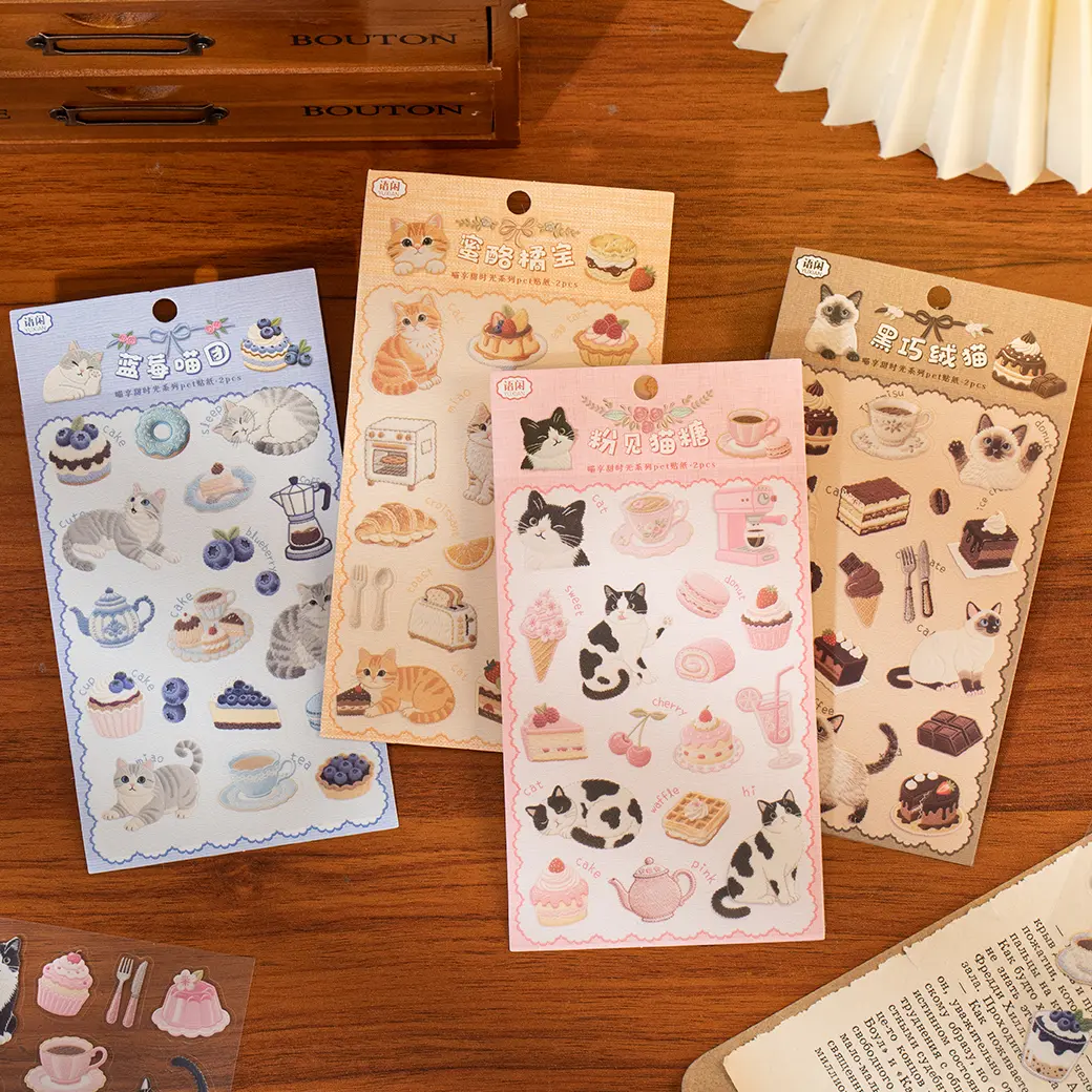 8 Sheets Cat Cake Stickers, PET Transparent Stickers Cute Cat Party Favors & Decorations, Vinyl Decals, Kawaii and Animal Stickers, Gifts for Women & Men