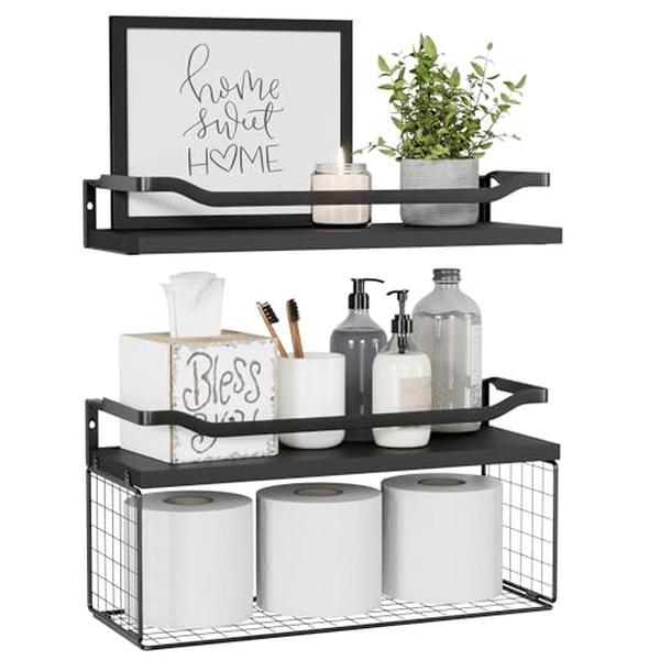 Floating Shelves with Wire Storage Basket - Bathroom Shelves Over Toilet with Protective Metal Guardrail, Wood Wall Shelves for Bathroom, Bedroom, Living Room - Black