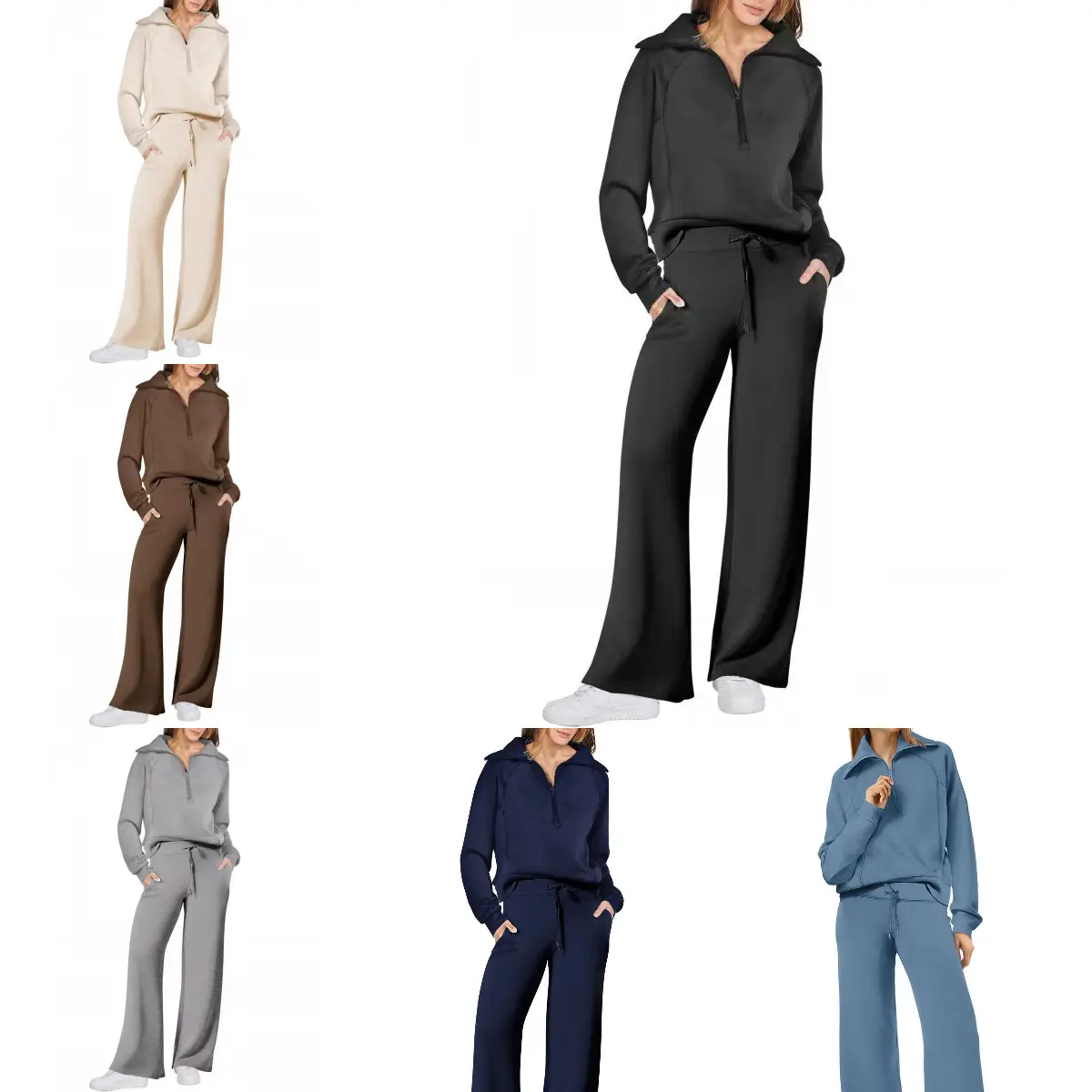 Fall Winter Style Casual Sports Set Zippered Long-Sleeved Sweatshirt, Wide Leg Pants Women's Set