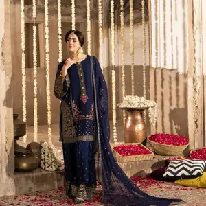 Elegant dark blue Chiffon farshi Suit – Karma (Size L)