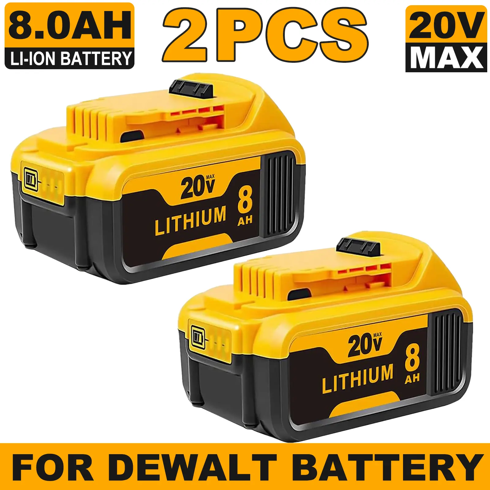 2-Pack Replacement for Dewalt 20V 8.0Ah Lithium-Ion Battery High Capacity 8,000mAh Replacement for DCB200/DCB201/DCB203/DCB206 Battry Compatible with High-Capacity Dewalt 20V Max Tools durable construction long-lasting power cordless power tool