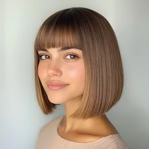 Smilco Classic Brown Bob Wig with Bangs – Machine-Made, Sleek Look, 10 Inch | SM7271
