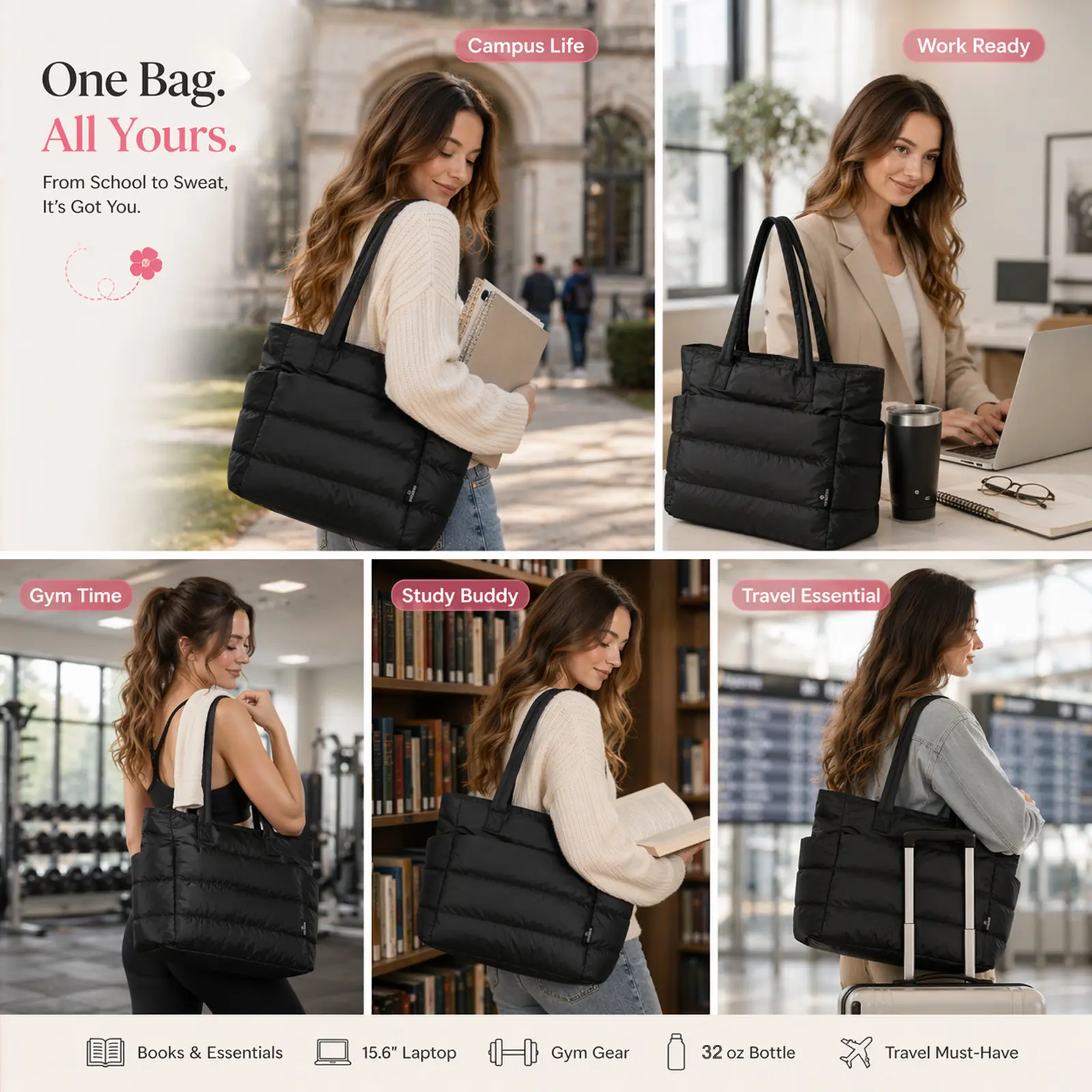 SummerVibes] CozyLoucia Cute Puffer Tote Bag for Women Pink 