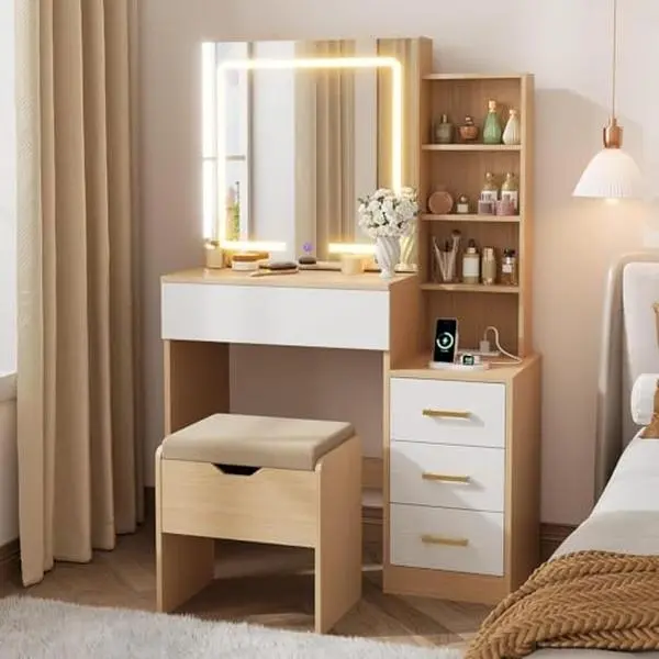 GARVEE Vanity Desk with Mirror and Lights, Makeup Vanity with Drawer & Storage Shelves, Cabinet, 3 Lighting Modes Adjustable Brightness, Power Outlet,Wood&White