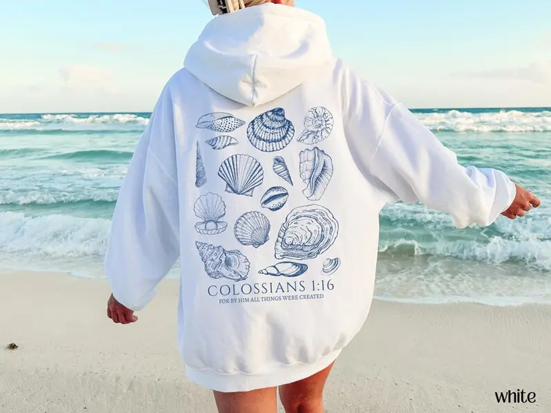 (Sale Off Up To 50%) Seashell Bible Verse Hoodie, Ocean Life Coastal Aesthetic, Comfort Colors Oversized Sweatshirt, Perfect for Summer Vacation & Coastal Trips, Comfortable Casual, Full Color, For Men, For Women, Casual, Classic Fashion, Tee Print