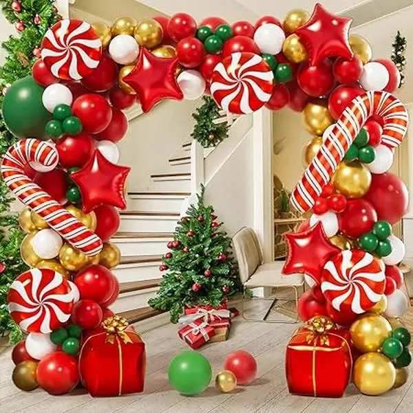 151PCS Christmas Balloon Garland Arch Kit with Red White Golden Dark Green balloons Candy Gift Box Star Balloons for Christmas Party Decorations