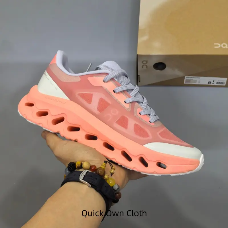 Wave Hollow Cutout Cushion Walking Sneakers, Womens Breath Mesh Peach Pink Gradient Trainers, Thick Rocker Shock Absorb Midsole, Ultra Light Non-Slip Daily Lifestyle Shoes