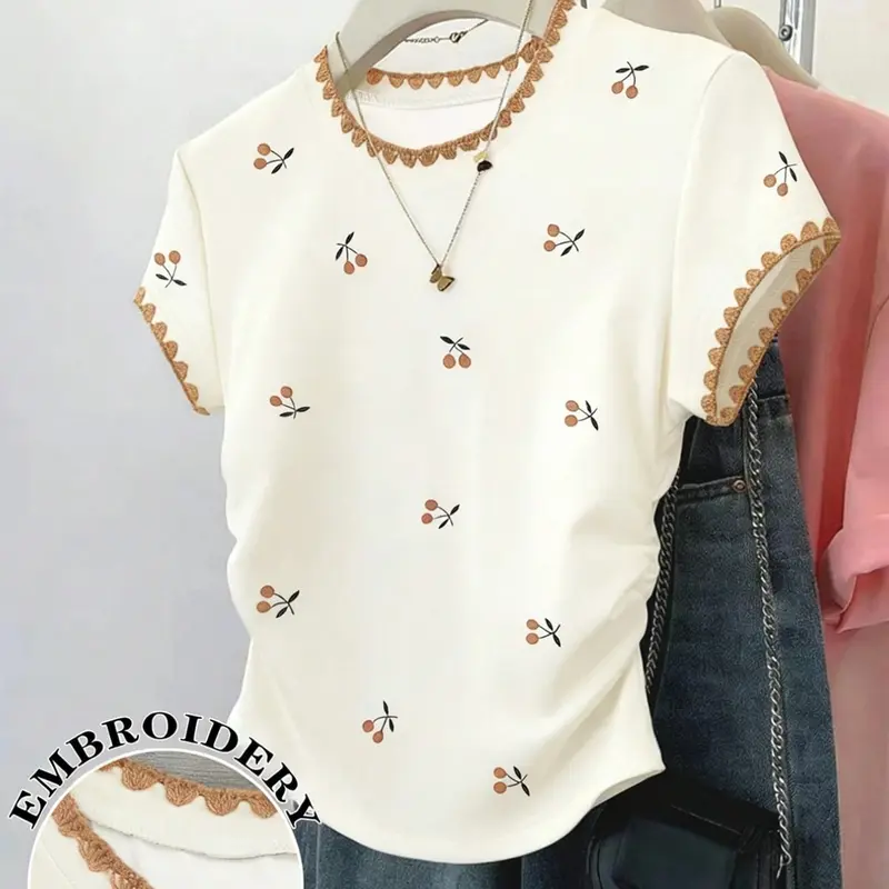 Women's Slim Fit Waist-Tucking Round Neck T-Shirt, Cherry Heart Print Casual T-Shirt, Spring Summer Women's Clothing, Daily Wear at Home, Tops, Style, Graphic Tees Print