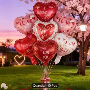 10 Valentine'S Day Heart-Shaped Balloons, 10-Inch Aluminum Foil Balloons with 'I Love You' Printed on Them, Styles Will Be Shipped Randomly, Suitable for Decorating Valentine'S Day, Anniversaries, Weddings, And Birthday Parties