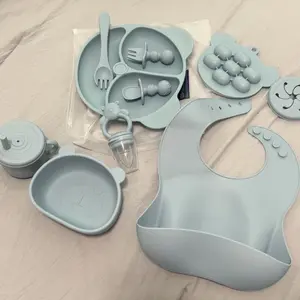 Bear Design Silicone Baby Feeding Set, 11-Piece Baby Dinnerware Set with Bowl, Spoon, Fork, Bib, Straw Cup, Snack Cup and Ice Cube Box, Cutlery Utensil Sets