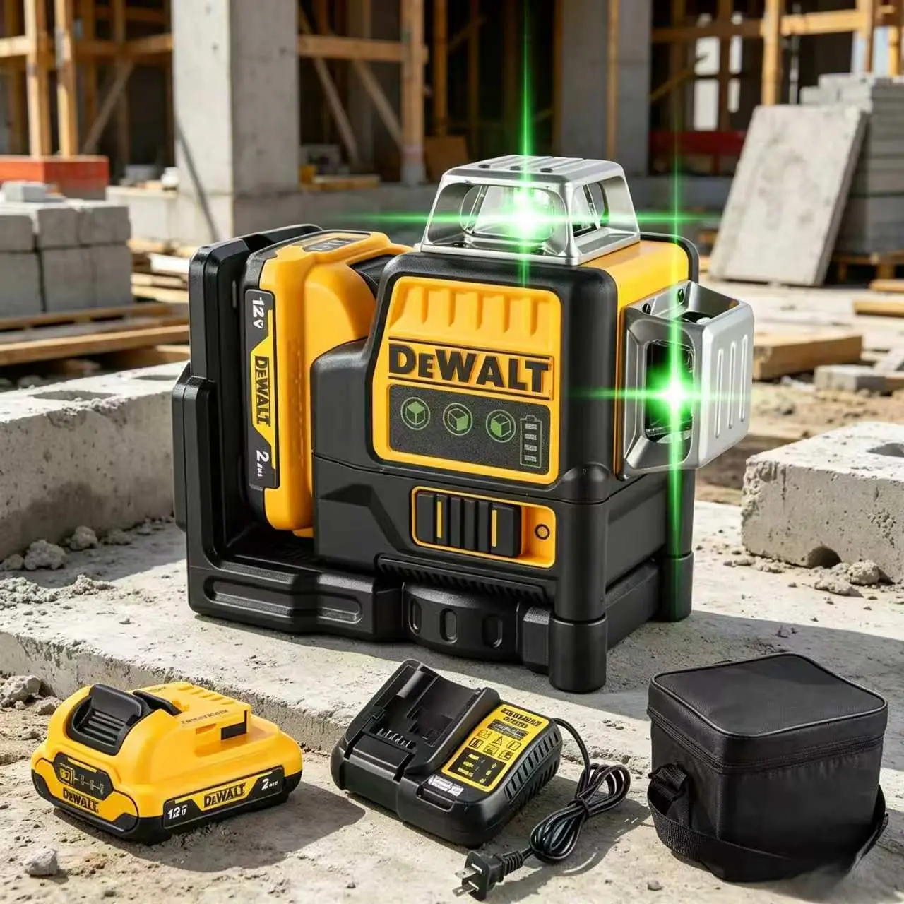 DeWalt 089lg-Chargerus Green Beam Self-Leveling Laser Leveler Tool - 360°, 12-Line Cross Line Electronic Laser Level with Batteries for Construction Layout Tasks, Contractors