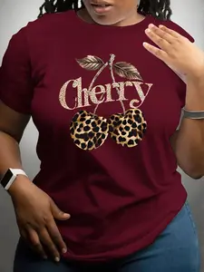 【Plus Size】 Leopard Letter Print Round Neck Tee, Fashion Casual Crew Neck Short Sleeve T-shirt for Daily Outdoor Wear, Women Plus Clothing for All Seasons