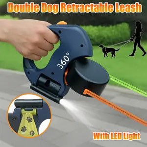 Double Dog Retractable Leash | 360° Tangle-Free Dual Lead + LED Light & Waste Bag Holder Visibility Convenience Flexibility