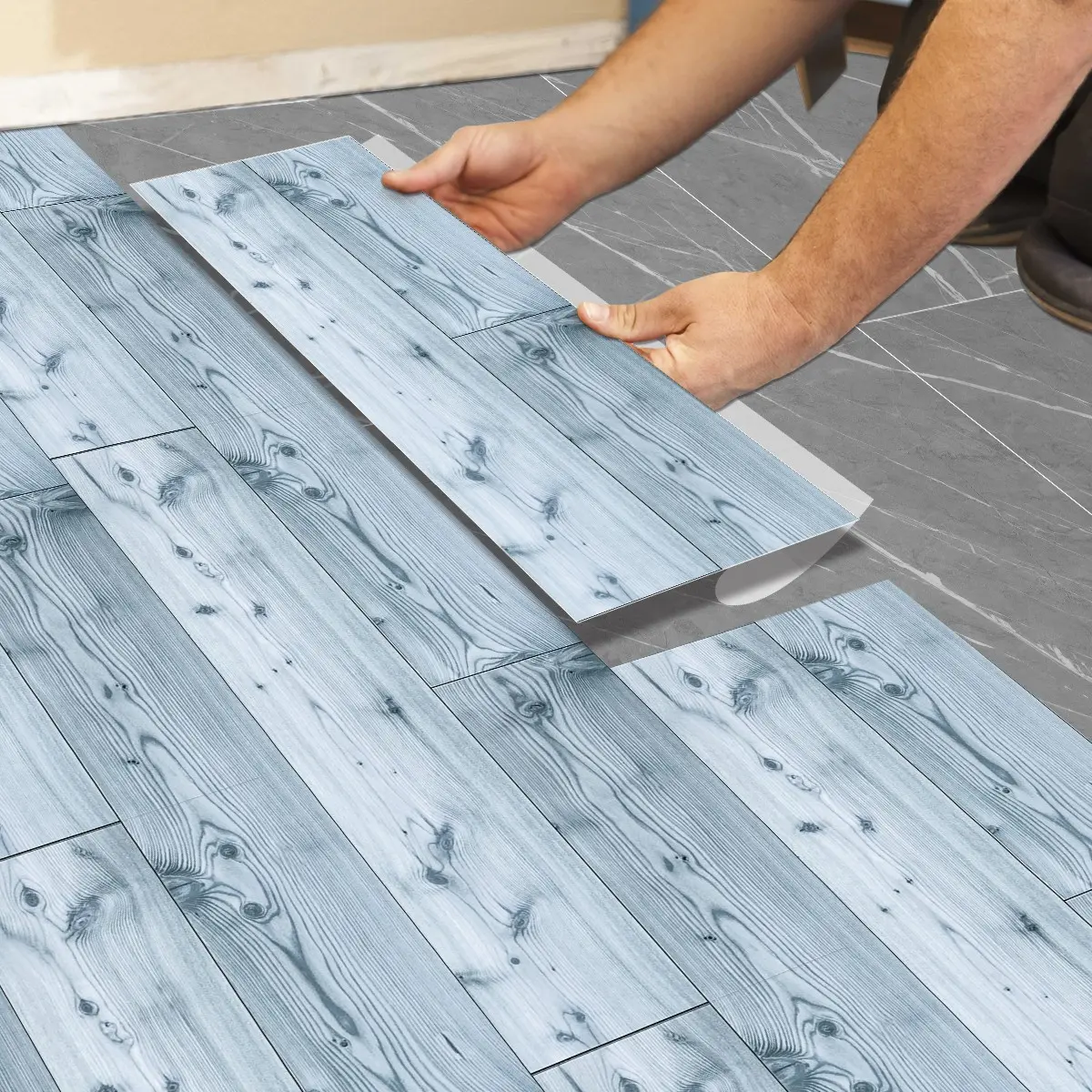 Light Blue & Imitation Pine Wood Grain PVC Self-Adhesive Floor Stickers, Waterproof Wear-Resistant Flooring for Living Room Bedroom Kitchen Peel And Stick Vinyl Flooring