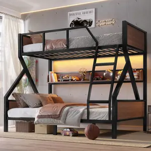Twin over Full Bunk Bed, Metal Bunk Bed with Storage Shelves and Lights, Space-saving & Noise-free Design, Black