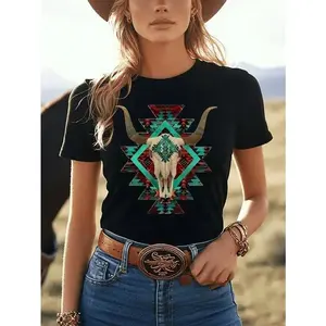 [1pc Women'S Western Cowboy Skull Print T-Shirt] 1pc Women'S Western Cowboy Skull Geometric Print T-Shirt - Casual Round Neck Short Sleeve Top, Polyester Knit Fabric, Regular Length - All Seasons Fashion