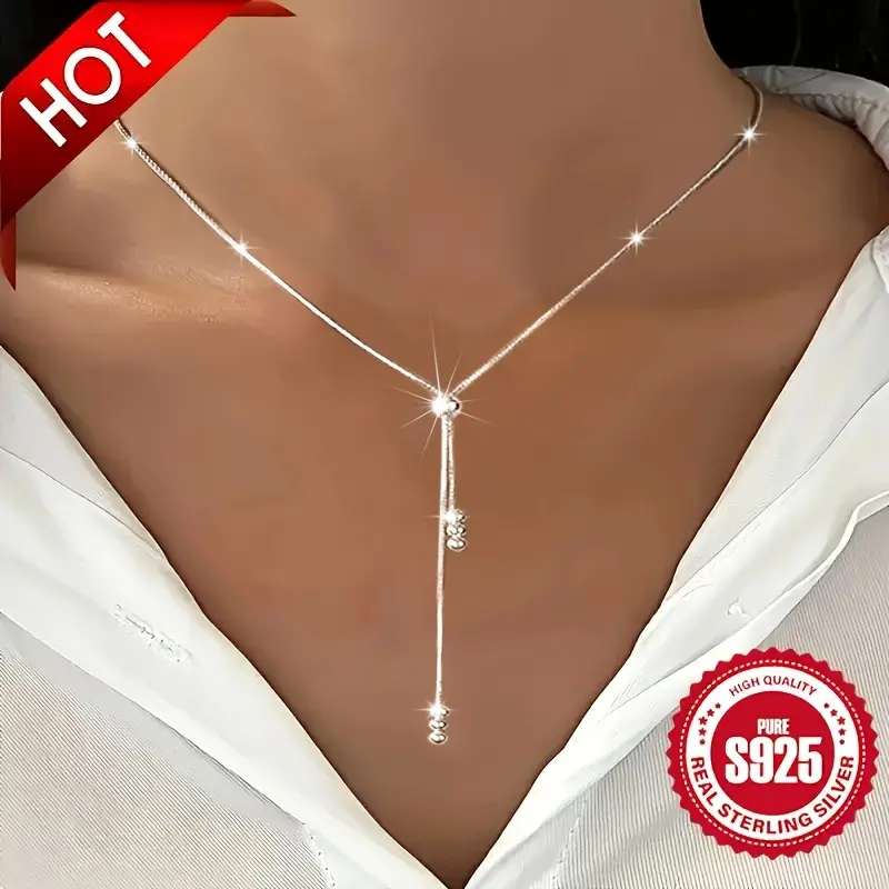 Women's Elegant 925 Sterling Silver Y-Shaped Necklace - Adjustable Bead Slider, Simple Classic Design, Versatile for Daily Wear & Vacation, Ideal Christmas Gift