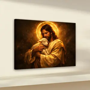 1pc Wooden Framed, Jesus With Lamb Christian Wall Art Canvas Painting, Good Shepherd Jesus Print Poster, Religious Jesus Christ Painting, Sacred Faith Artwork, Spiritual Wall Decor, Ideal For Bathroom, Bedroom, Office, Living Room