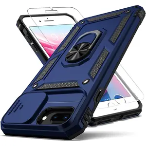 for  8 Plus Case, 7 Plus Case, 6 Plus Case,with Slide Camera Cover+ HD Screen Protector,Rotated Ring Kickstand  Grade Shockproof Protective Cover-Blue