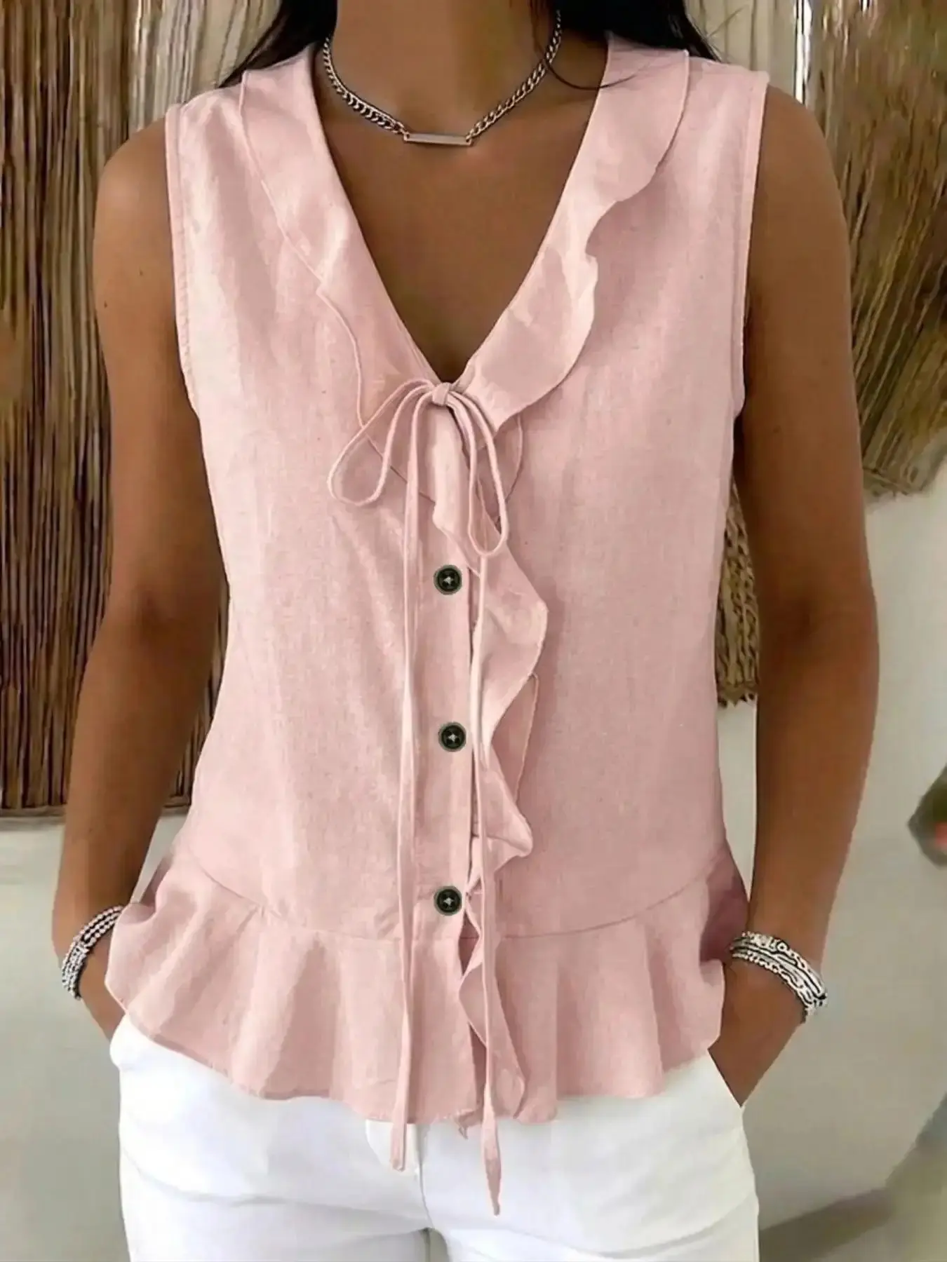 Women's Vibrant V-Neck Ruffle Tie Backless Tank Top Chic Look, Sleeveless Casual Blouse with Ruffled Hem, Stylish Summer Fashion Top for Women, Wear, Warm Weather, Long Lasting, Daily Outfits, effortless layering