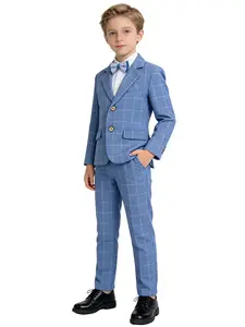 Boys Blue Plaid Formal 3-Piece Suit | Plaid Blazer + Elastic Waist Pants + Blue-White Bow Tie | Slim Fit | Sizes 100-150cm | Perfect for Birthdays, Weddings, Parties & School Events (No Shirt Included)-21167