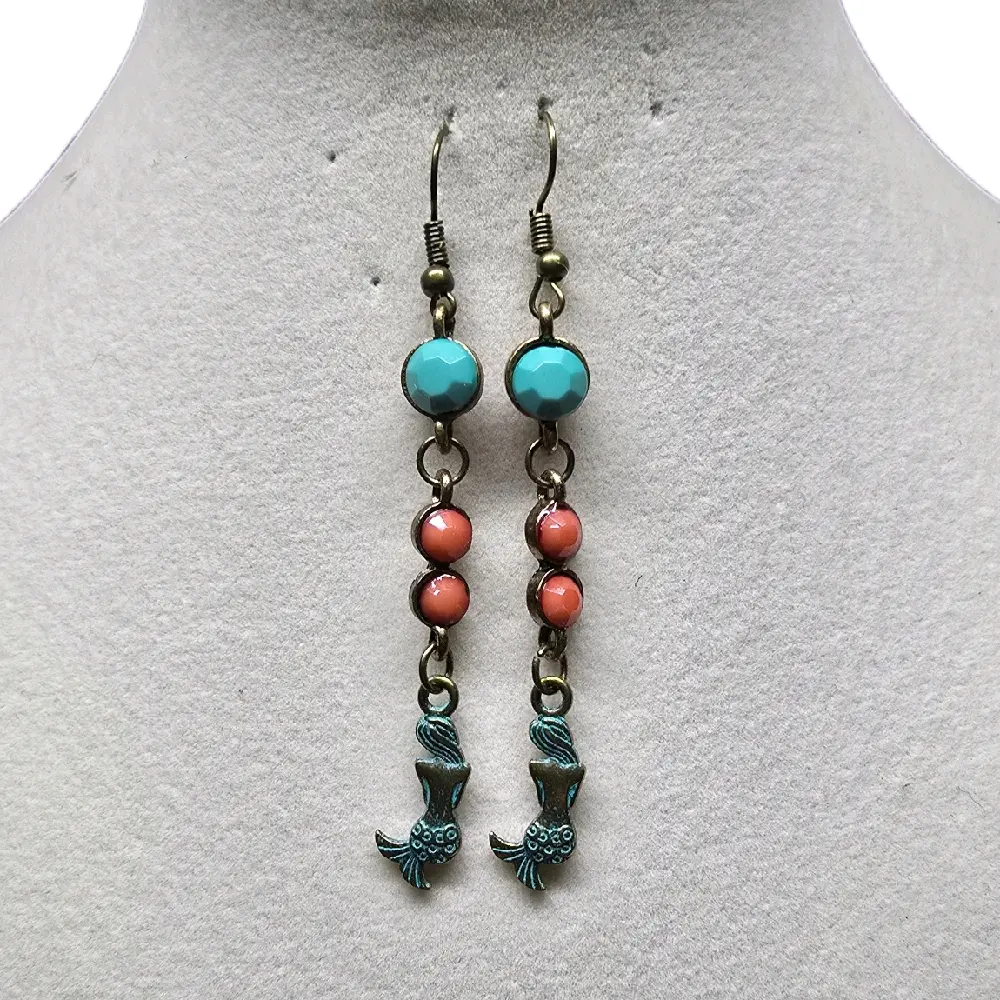 Mermaid Brass Dangle Earrings with Turquoise Beads Coral Beads and Mermaid Tail Charms