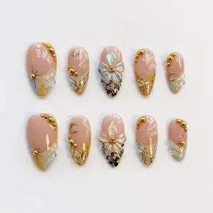 Spring Flower Nails/Green press on nails long almond nails/Elegant nails/Gold chrome nails/Gel Nails/Star Moon Nails/Birthday nails Nail Art Kit Nail Box