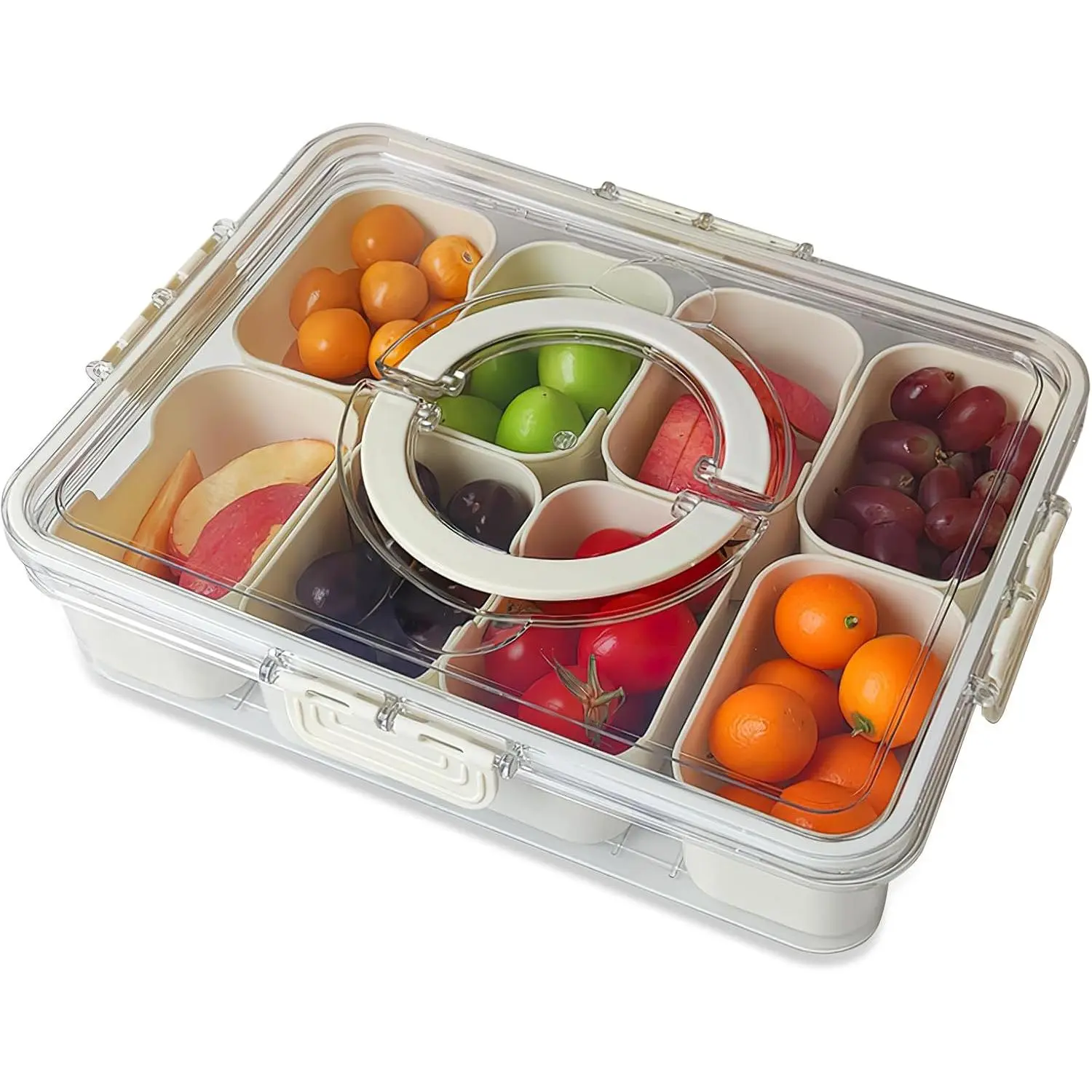Picnic Parties Fruit Tray, Fridge  Veggie Condiment Divided Serving Preservation Storage Containers, Kitchen Clear Snackle Box Candy Organizer with Lid Handle (1)