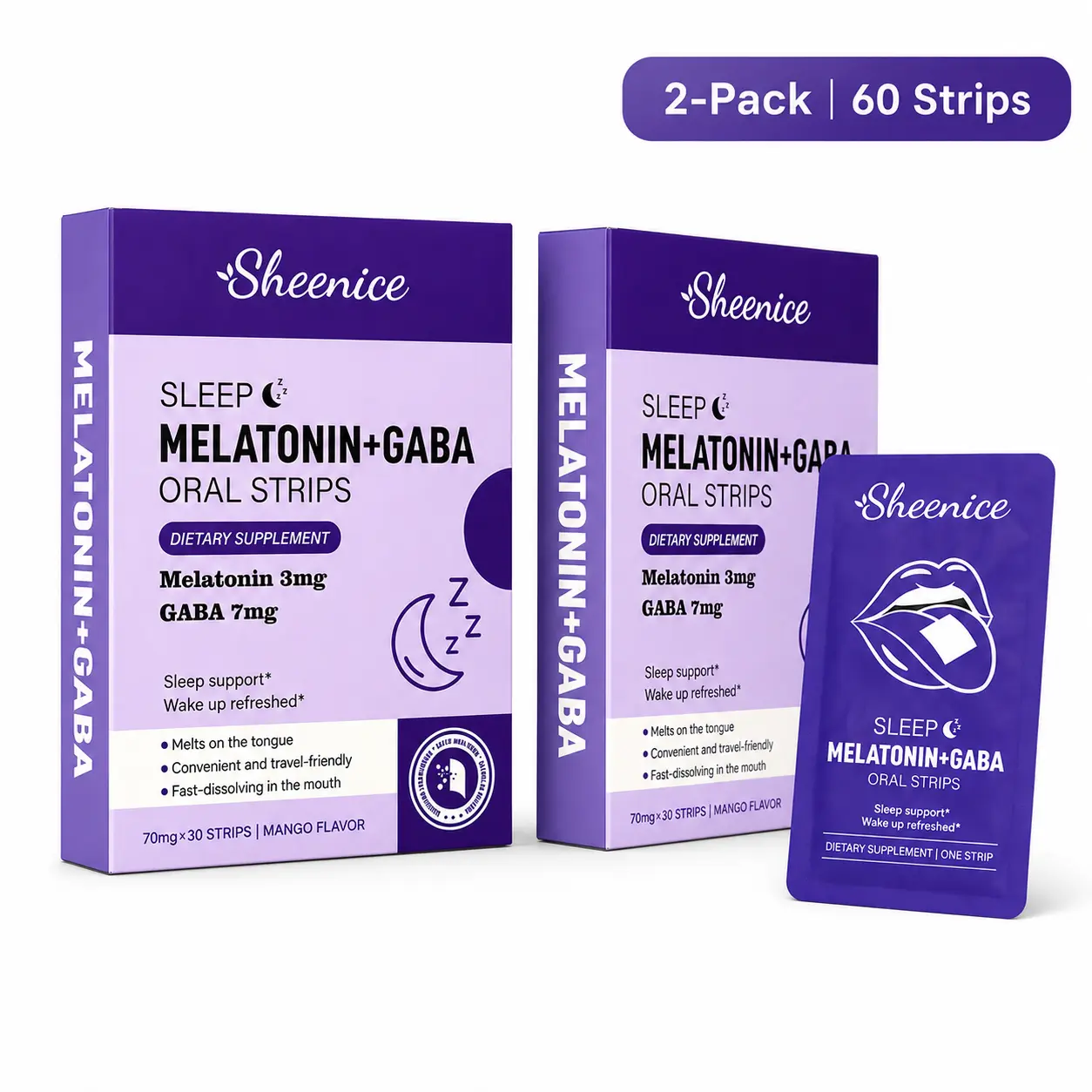 Sleep Quick Melt Strips 2 Pack | Dissolvable Sleep Support Supplement | Melatonin 3mg + GABA 7mg | Vegan, Sugar-Free, Mango Flavor | 60 Strips