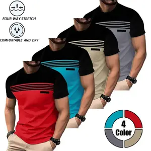 Men’s short-sleeve T-shirts, pack of 4, striped panel design; casual everyday wear, comfortable breathable fabric, suitable for summer.