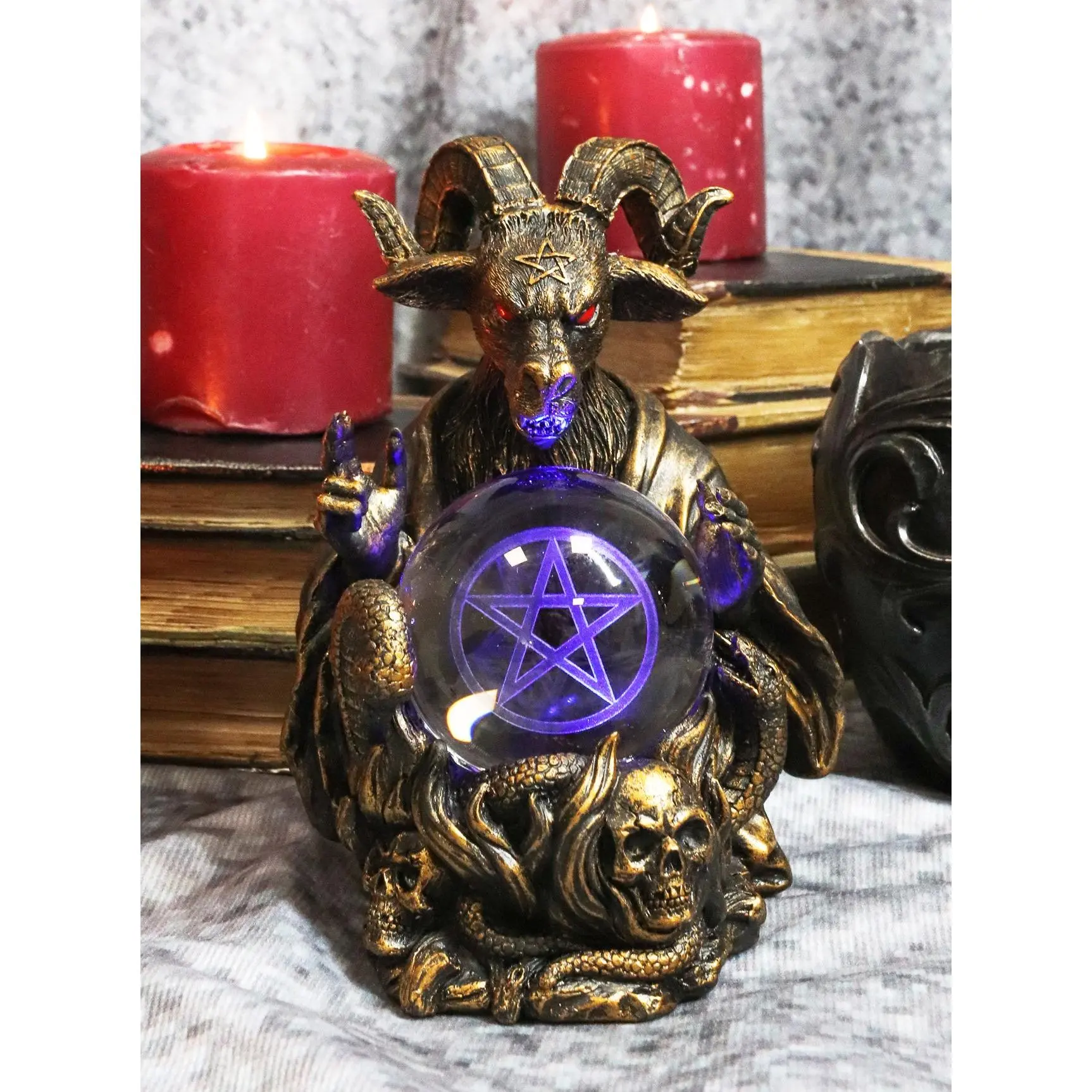 Ebros Sabbatic Goat Baphomet Pentagram Star Sigil LED Glass Gazing Ball Statue