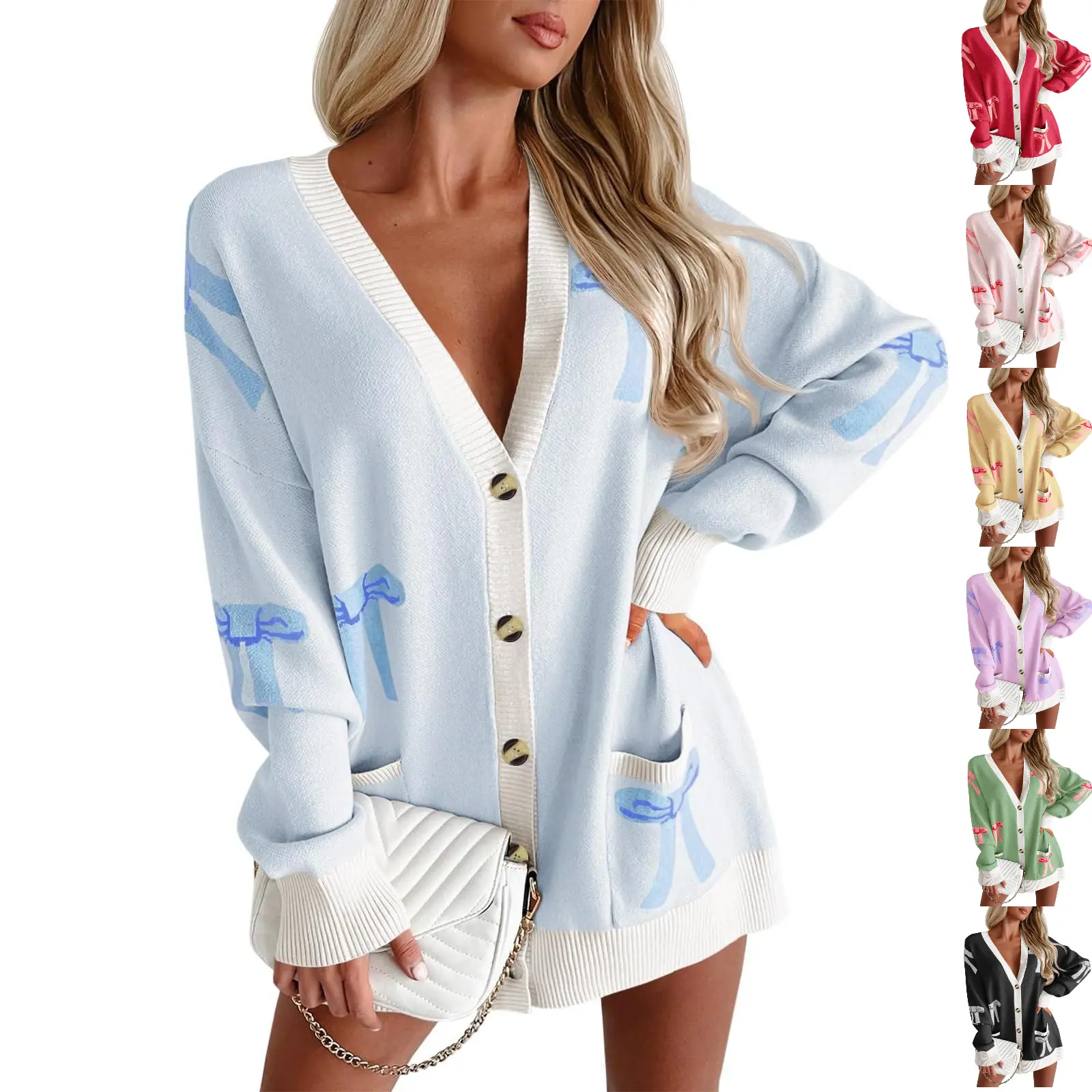 Lannew Womens Oversized Cardigan Sweaters Bow Printed Button V Neck Long Sleeve Loose Knit Fall Trendy Coats