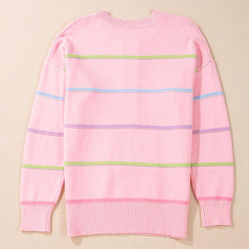 Pink Rainbow Stripes Drop Shoulder Baggy Henley Sweater