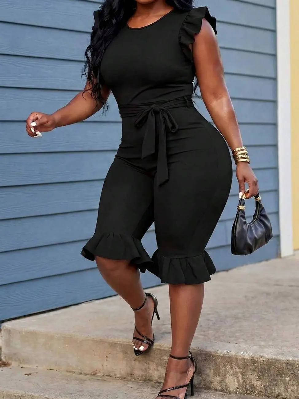Women's Ruffle Sleeve Fitted Jumpsuit With Belt, Elegant Bermuda Length Romper For Casual Or Party Wear