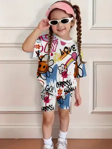 2026 New Girl's Casual Set, Graffiti Art Print, Kindergarten Hit, Short Sleeve, Natural Waist, Asymmetrical Design, H-Type Silhouette