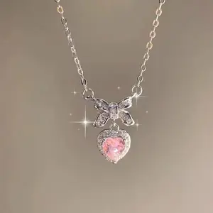 Y2K Pink Crystal Heart Bow Necklace – Dainty Sparkly Charm, Soft Girl Aesthetic Jewelry