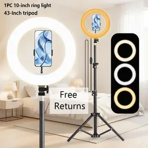 10-Inch/26cm Selfie Video Light with 43.3-Inch Extendable Tripod Stand & 2 Phone Holder for iPhone & Android,YouTube, Makeup,TIKTok Adjustable LED Circle Lighting Setup#SummerWins#FathersDayGift Cellphone