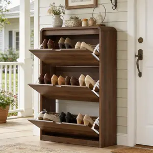 Shoe Cabinet with 3 Flip Drawers,Hidden Shoe Storage Organizer for Entryway, Narrow Slim Shoe Rack Cabinet with Open Storage for Front Door Entrance,  Hallway, summergarden