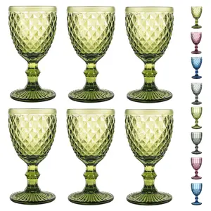 6 Pack Vintage-inspired Green Glass Set Diamond Shot Glasses Cup 240ml,Water Glasses Drinking Wine Goblet set,For Wedding Party Bar