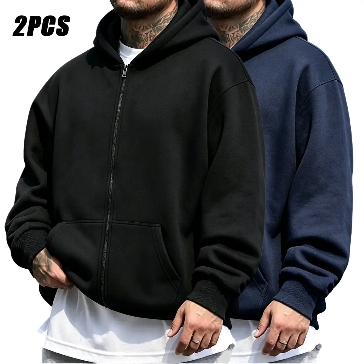 Men’s 2-pack classic pullover hoodies, made from soft, comfortable fleece fabric, featuring an adjustable drawstring hood and a front pocket.Loose, casual fit; breathable and durable—perfect for everyday commuting, street style, home lounging, and casual