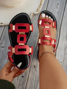 Women's Spring Summer Square Buckle Flat Sandals Footwear, Fashion Casual Style, Perfect for Everyday Daily Wear and Outdoor Activities