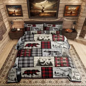 Rustic Cabin Comforter Set,Woodland Wolf Deer Bear Comforter,Christmas Red Black Buffalo Plaid Bedding,Wildlife Camping Lodge Mountain Quilt Bedding