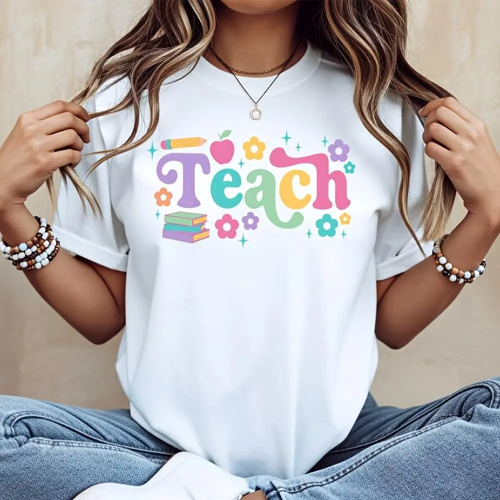 Colorful Teach Lettering With Books And Flowers Print T-Shirt, Teacher Appreciation Week Gift, Back To School Classroom Outfit