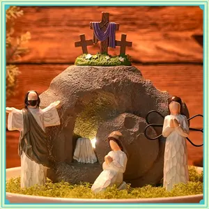 Easter Resurrection Scene with LED Lighting, Resin Empty Tomb Easter Scene for Christian Decoration, Battery Powered Religious Display with Timer, Home Office Tabletop Tray, Church, Shelf Decor