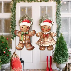 Christmas Gingerbread Decorations, 2 Pcs Gingerbread Man Woman Hanging Signs, 11.81"x8.07" Wooden Christmas Front Door Decor Wall Decor for Xmas Holiday Home Party Festive Decoration