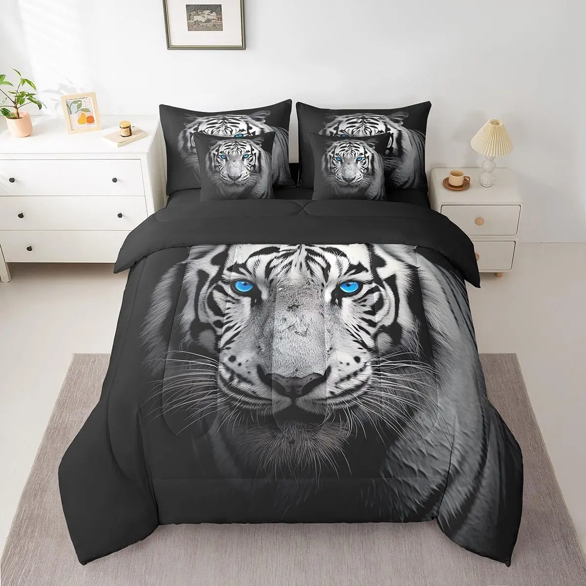 Tiger Bed in A Bag Comforter Set 7 Piece Men,Black White Tiger Bedding Set Jungle Animal Sheet Set with Comforter